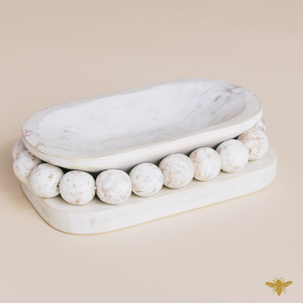 Acacia Wood Bowls | Large Oval Beaded Dough Bowl - White