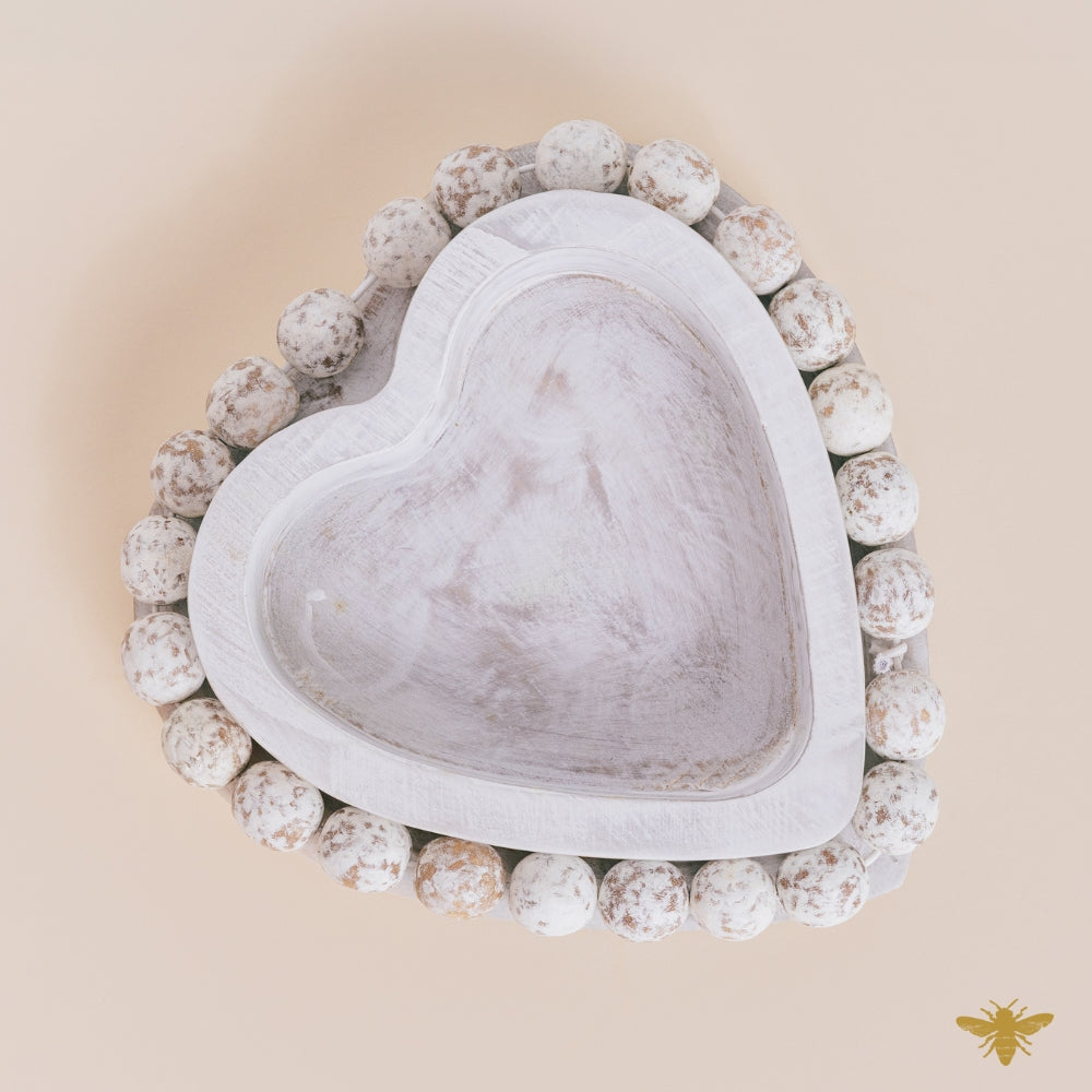 Acacia Wood Bowls | Beaded Heart Dough Bowl - White
