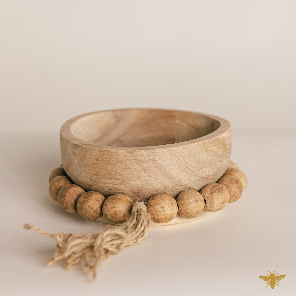 Acacia Wood Bowls | Round Mini Beaded Dough Bowl - Natural